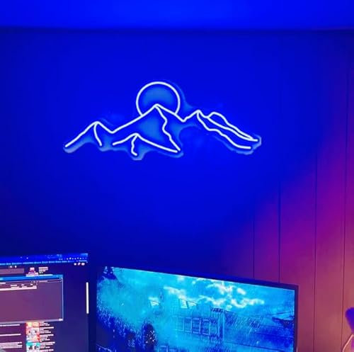 HFHungkeong LED Dekorative Neonschild USB Betrieben mit Dimmbare Schalter für Wand Deko, Mountain Neonlicht für Jungen Mädchenzimmer, Wandkunst Sonnenuntergang Lampe Geschenke für Kids (Blau,42x20CM)