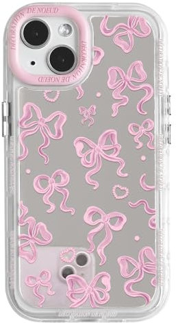 NITITOP Compatible with iPhone 15 Plus Case Cute Mirror Bow Love Heart Pattern for Women Girls Ribbon Design Shockproof Silver Protective Phone Cover - Pink Bow