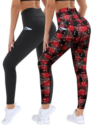 DDOBB 2er Pack Sport Leggings Damen High Waist Sportleggins Damen Lang Mit Taschen Gym Leggins Blickdicht Schwarz Sporthose Elastische Bauchweg Yogahose Fitness Laufhose(Schwarz+Schneeflocke,L-XL)