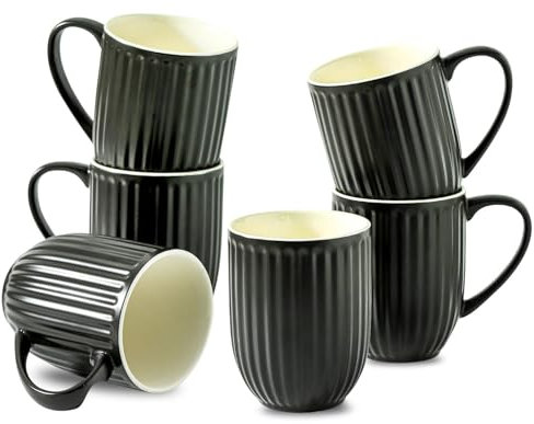 Hasense Coffee Mugs Set of 6, 16 Oz Large Ceramic Ribbed Latte Cups with Big Handle for Coffee, Tea and Cocoa, Modern Design & Light Weight, Microwave & Dishwasher Safe, Black