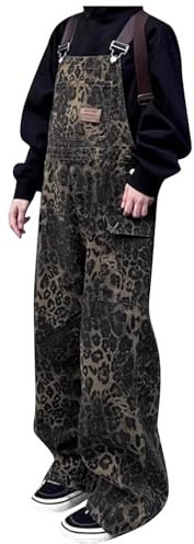 Overalls Women Hang Neck Net Yarn Splicing Wide Leg Jumpsuit Women's Retro Street Style Leopard Print Pocket Overalls Casual Loose Fit Wide Leg Pants for Spring/Fall Casual Jumpsuit Coffee