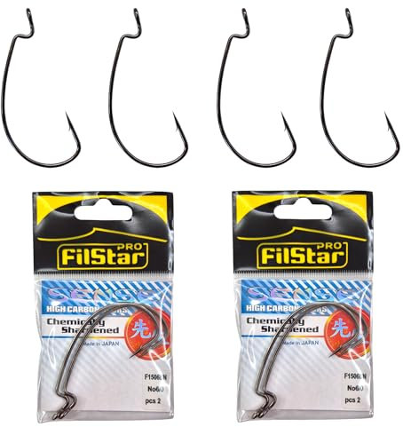 PRO FILSTAR Offset Haken Set 4 Stück N6/0 – Cheburashka Haken - Dropshot Haken - Jighaken für Gummifische Montage - Jig Head - Fishing Hooks Set - Zander & Hecht & Forelle Angelhaken - Sport Set