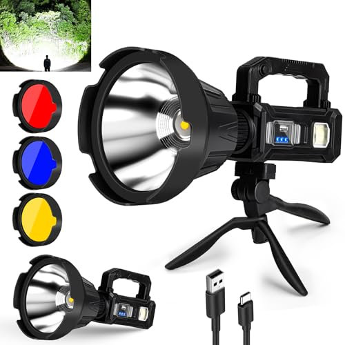 Vinderfine Foco recargable, linterna de mano súper brillante de 1000000 lúmenes altos con trípode plegable, 6 modos y 4 colores, luz de búsqueda IPX6 impermeable para camping, pesca, caza, salida USB