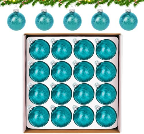 Hengsong Weihnachtskugeln Glas Grün,16er Christbaumkugeln Glas,Weihnachtskugeln Grün Set für Weihnachtsbaumschmuck&Christbaumschmuck&Christbaumkugeln,mit Federmotiv,6cm