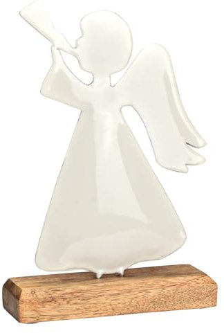 Deko-Figur Engel mit Flöte Aufsteller Weihnachtsengel aus Metall auf Sockel aus Mango-Holz Deko für Advent & Weihnachten Weihnachts-Deko Farben: weiß & braun
