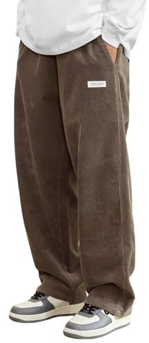 ORANDESIGNE Pantalon en Velours Côtelé pour Hommes Couleur Unie Pantalon Baggy avec Cordon de Serrage Jambes Larges Décontracté Ample Pantalon Décontracté A Marron L