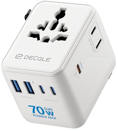 decqle “Pro” Reiseadapter Weltweit mit 3 USB-C (GaN 70W) ＆ 2 USB-A | Internationaler Reisestecker, Universaladapter, KEIN Spannungswandler, für EU, UK, US, AU ＆ 200+ Länder (Weiß)