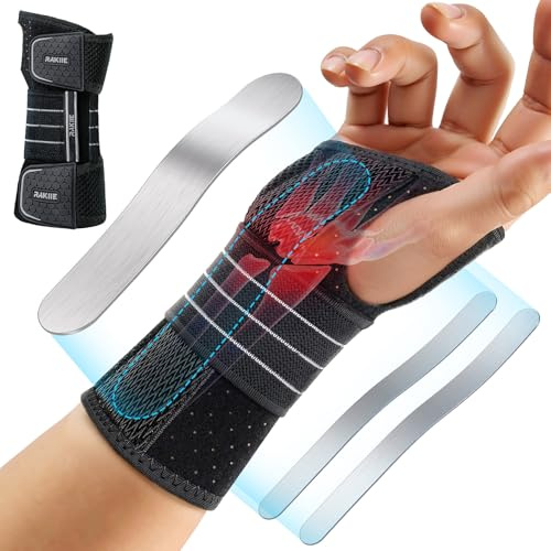 Rakiie Soporte de muñeca, vendajes de muñeca ajustables con 3 férulas metálicas, vendaje de muñeca para hombre y mujer, sin presión en el pulgar, estabilizador con férula, Gris, Mano derecha, S