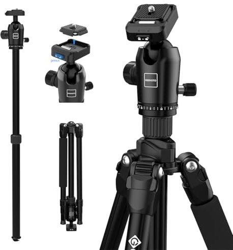 GEEKOTO 77”Kamera Stativ, DSLR Camera Tripod Aluminum Reisestativ mit Einbeinstativ und 360° Panorama Kugelkopf, 1/4 Schnellwechselplatte und Stativtasche für Spiegelreflexkamera bis zu 8kg Black