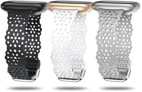 TOYOUTHS 3 Stück Lace Silikon Armband Kompatibel mit Fitbit Versa 4/Versa 3/Sense 2/Sense Armband, Frauen Weich Sport Solo Loop Blume Ausschnitt Spitze Ersatzarmband, Schwarz/Weiß/Grau