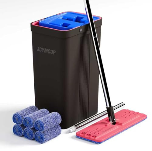 JOYMOOP Mop and Bucket with Wringer Set, Hands Free Flat Floor Mop and Bucket, with 6 Washable Microfiber Pads, Wet and Dry Use, Floor Cleaning System - Black+Red+Slate Blue