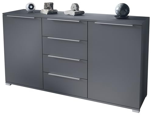 Vladon Sideboard Linio V1, Anrichte mit 2 Türen und 4 Schubladen, Anthrazit matt/Anthrazit matt (138,5 x 75,5 x 35 cm)