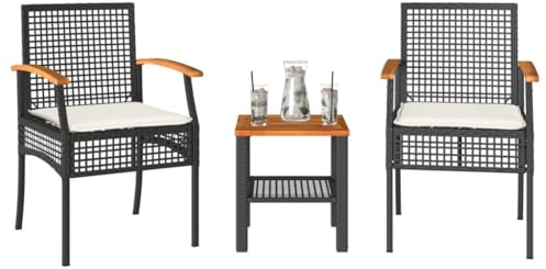 LVHUIDEH 3er Set Gartenmöbel, Bistro-Set mit Kissen Schwarz Poly Rattan Akazienholz