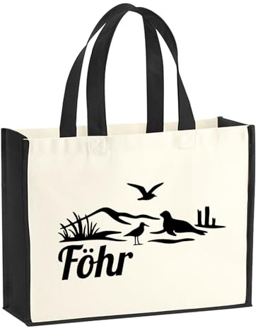 Huuraa Jutetasche Föhr Strandmotiv Geschenk 21 Liter Black Jute und Baumwolle Einkaufstasche Föhr Geschenkidee