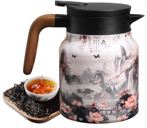 Vintage Floral Pattern Tea Thermal - Built-in Infuser, Tea Thermal with Infuser, Insulated Teapots, 1 L Stainless Steel Flask with Lid for Hot Drinks, Thermal Coffee Pot for Kitchen