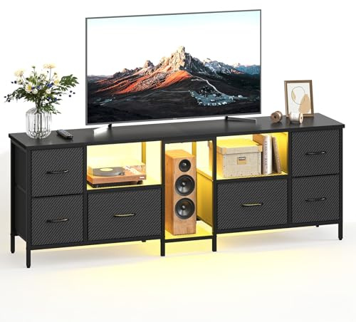 Bestier Mobile TV 160cm con Ripostiglio per TV fino a 75 Pollici, Supporto TV con 6 Cassetti in Tessuto e Luci LED, Centro Intrattenimento per Soggiorno e Ufficio, Nero Fibra di Carbonio