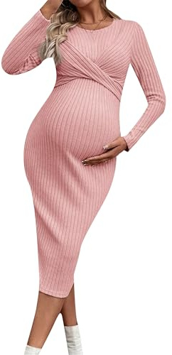 BOFETA Femmes Robe De Grossesse à Manches Longues Et Encolure Ronde pour Séances Photo Baby Showers Robe Moulante en Torsadée Extensible