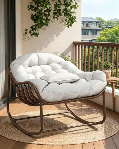 Garvee Fauteuil à Bascule Exterieur, Structure Acier pour Salon Patio Blanc | Fauteuil œuf papasan rembourré, cadre acier robuste, charge 150kg, idéal allaitement salon et extérieur patio, blanc