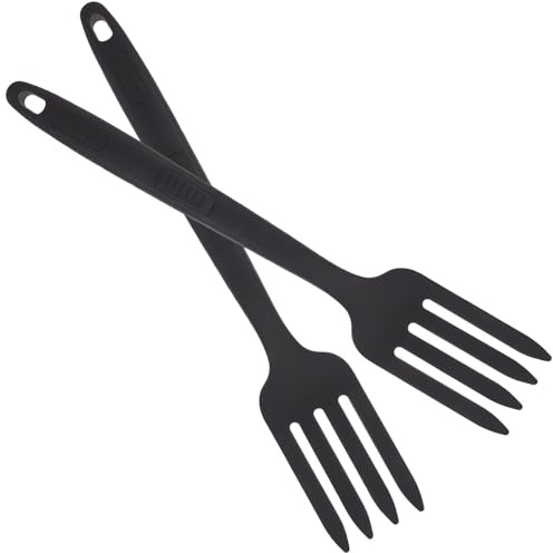 Forchetta da Cucina Nero 2 Pezzi, Resistente in Silicone | Set per Cucina e Campeggio, Manico Confortevole, Antiaderente e Sicuro per Alimenti, Facile da Pulire