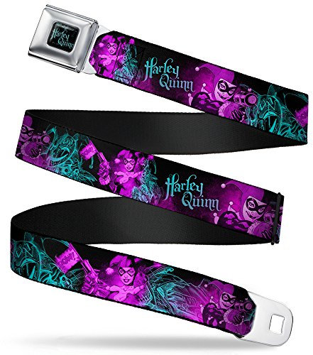 Buckle-Down Herren Sicherheitsgurt Kids Gürtel, Harley Quinn Pow & Aiming Posen/Joker Sketch schwarz/türkis/Fuchsia, Weit 2.5 cm/50-90 cm Lang