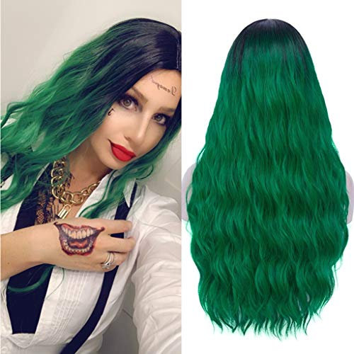Mildiso Perücke Grün Damenperücke Lang Gewellt Locken Natürlich für Frauen Alltag Anime Cosplay Kostümparty Halloween Karneval Wig DE026GR
