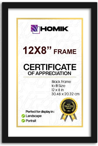 HOMIK 12 x 8 Inch Picture Frame | Display Frame With Acrylic Safety Glass - Home Décor | Ideal for Gifting and Wall Hanging - Black