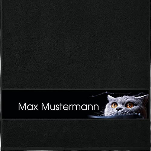 Manutextur Handtuch mit Namen - personalisiert - Motiv Katze 1 - viele Farben & Motive - Dusch-Handtuch - schwarz - Größe 50x100 cm - persönliches Geschenk mit Wunsch-Motiv und Wunsch-Name
