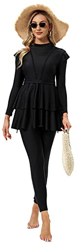 seafanny Women Modest Swimsuit Long Sleeve Burkini Full Cover Muslim Swimwear Black 16-18