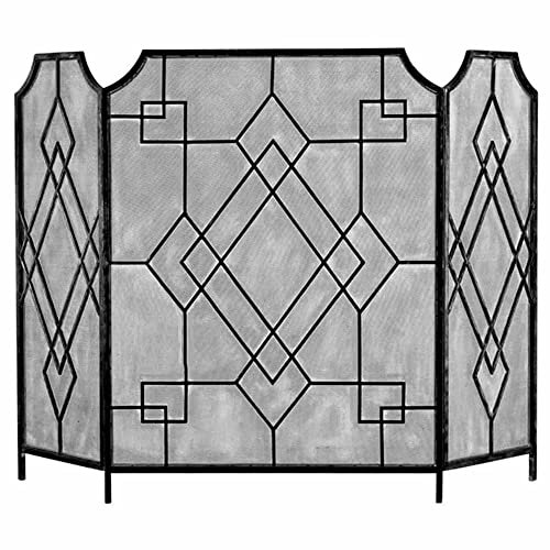 WHOJA Kamingitter Schmiedeeisen Wohnzimmer Landung Kamindekoration in dreifacher Ausführung Brandschutz von Trennwänden Mit Netz Ofenzaun 128x90cm Feuer Bildschirm(Color:Schwarz)
