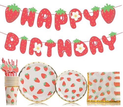 Erdbeeren Geburtstag Dekoration HAPPY BIRTHDAY Girlande, 20 Pappteller, 10 Pappbecher, 25 Erdbeeren Serviette Partygeschirr Set Sommer Party Deko Rot