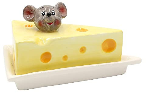 Dekohelden24 Recipiente para queso de cerámica con ratón, tamaño (largo x ancho x alto): 17 x 11,5 x 9 cm, color amarillo