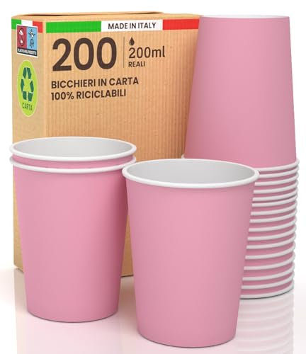 Lot de 200 gobelets en papier, 200 ml, écologiques, biodégradables, jetables fabriqués en Italie, emportent des boissons chaudes et de l'eau colorées, roses. Fabriqué et emballé en Italie