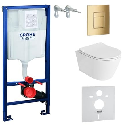 Lavita Vorwandelement Solido + Wand Hänge WC Praia Weiß Spülrandlos + WC Sitz mit Absenkautomatik Goldener Knopf Komplettset Unterputz Spülkasten Toilette Komplett Sett WC
