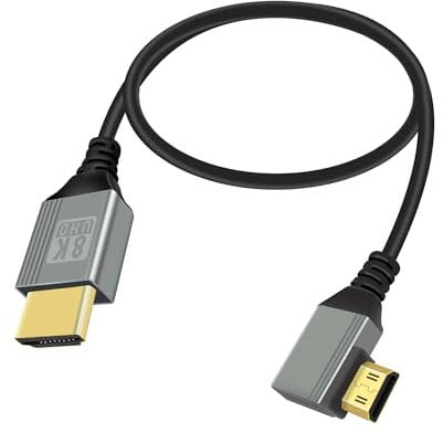 RIIEYOCA Câble Mini HDMI vers HDMI 2.1 8K@60Hz 48Gbps, coude à 90 degrés vers la gauche et la droite, compatible avec les ordinateurs portables, caméscopes, etc. (vers la droite, 0.5M)
