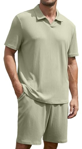 Anelune Trainingsanzug Herren Sommer Sportanzug Herren 2 Teiliges Kurzarm T-Shirts Kurze Hose Freizeitanzug für Jeden Tag Grün L