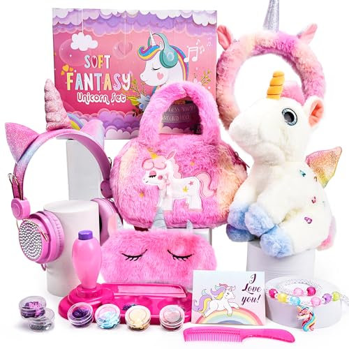 Joellfuner Peluche Unicornio, Regalo para Niñas Con Bolso, Juegos de Joyas, Diadema, Auriculares - Cumpleaños y Navidad para Niñas 6+ Años