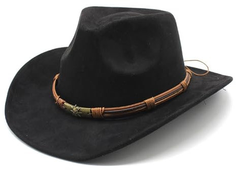 HIQIU Unisex Breite Krempe Panama Westernhut Wildleder Cowboyhut Ethnischer Stil Cowgirl-Hut mit Seildekoration für Damen und Herren (DE/NL/SE/PL, Alphanumerisch, Einheitsgröße, M, B1# Schwarz)