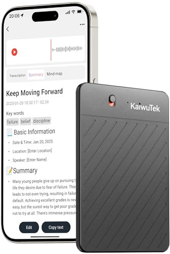 Kaiwutek Audio Registratore Vocale AI Professionale Portatile con Cellulare Trascrizione Voice Recorder, Nero