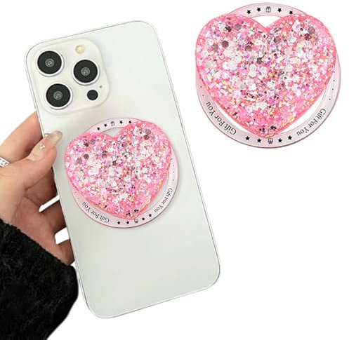 TOEECY Handy Herzform Griffhalter Handyhalterung Magnetic Pailletten Tropfen Herz Halter Handy Accessoires Zusammenklappbarer Ständer für Smartphones und Hüllen(Rosa)