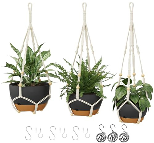 Bamworld 3er-Set Makramee Blumenampeln mit Selbstbewässerung, Hängende Blumentöpfe mit Kette, Ablauflöchern & Untersetzer für Zimmerpflanzen, Schwarz (28/23/20 cm)