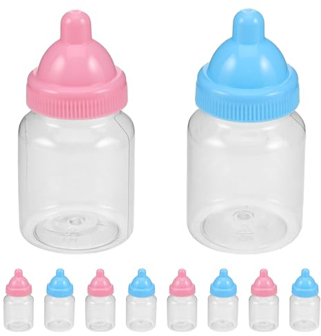 BAZEITFLOW 24 Stück Babyparty Kleiner Flaschen aus Kunststoff ein Stück Abdeckung Wiederverwendbare Milchflaschen als Süßigkeitenbehälter in Blau und Rosa für Gender Reveal