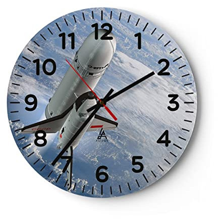 Modern Wanduhr Himmel Rakete Kosmos Planet 30x30cm Rund Klein Wand Uhr Glas Analog Zimmeruhren Küche Büro Wohnzimmer Glasuhr Wall Clock Dekoration Design Wanddekoration Küchenuhr C4AR30x30-0496