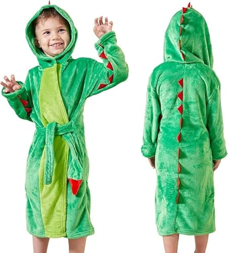 LOLANTA Accappatoio per bambini in pile con cappuccio, Vestaglia in Pile con Cappuccio Bambino, Accappatoi da Dinosauro/Drago, 4-10 Anni