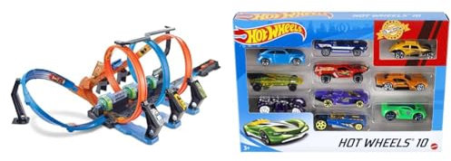 Hot Wheels FTB65 - Action Korkenzieher Crash Trackset, Auto Rennbahn mit 3 Loopings und Beschleuniger & Wheels 54886 1:64 Die-Cast Auto Geschenkset, Grauweiß