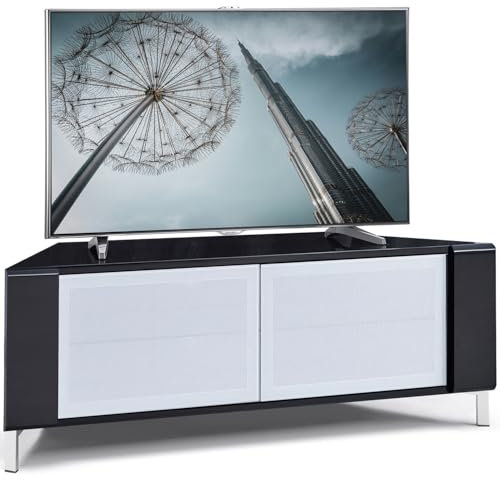 MDA Designs CORVUS Corner-Friendly Gloss Black Contemporary Cabinet with Black Profiles White BeamThru Glass Doors Suitable for Flat Screen TVs up to 50