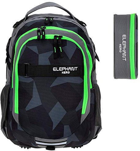 2 Teile Set Elephant Schulrucksack Hero Signature Rucksack Jungen Mädchen 12770 inkl. Mäppchen Box (Cyber Camo Grün)