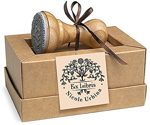 Ex libris, Timbri Personalizzati Albero della Vita Fiore, Legno Rotondo 37mm, Scatole Regalo Unici Originali