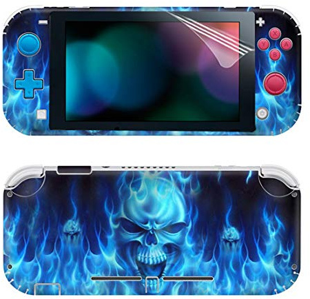 SKINOWN Vollständiges Set für Switch Lite Frontplatten-Aufkleber mit 2 Displayschutzfolien (blauer Totenkopf)