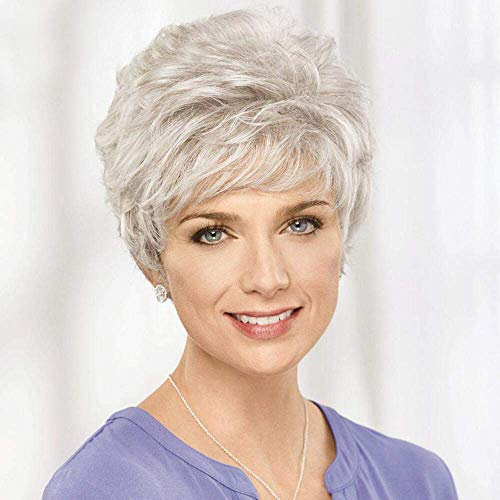 HAIRCUTCLOAKJ Kurze Silber Grau Echthaar Perücken für Frauen Mischung Pixie Cut Perücke Mit Bang Light Weight, Natürliche Täglichen Gebrauch Haar (Farbe 101#)