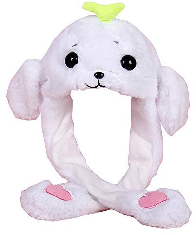 YEKEYI Hasenhut mit Ohren, springender Hasenhut, Tierhut, Pop-Up-Ohren, Plüsch-Hase, Kappe für Damen und Mädchen, Hund, weiß, Einheitsgröße